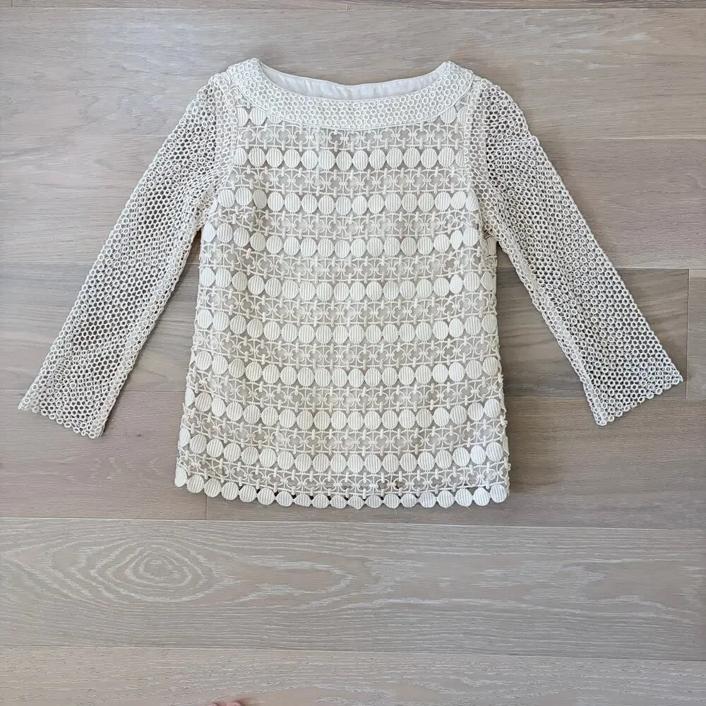 Tory Burch Crochet Bateau Neckline Top Cream sz 4